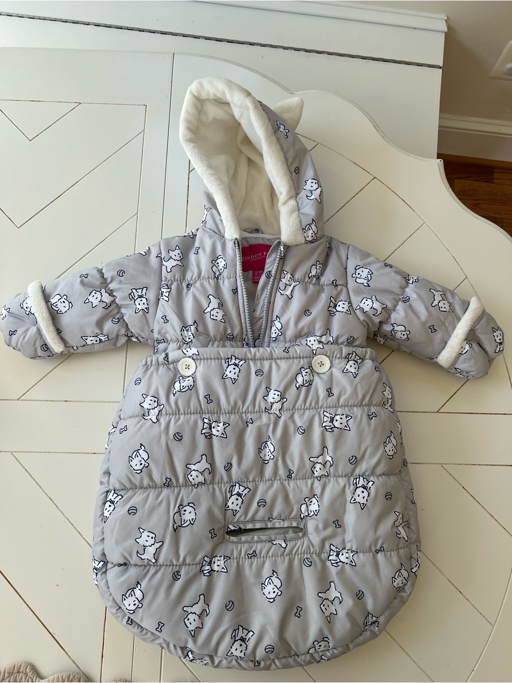 London Fog Grey Westie Puppy Print Puffer coat and Sack with Hood